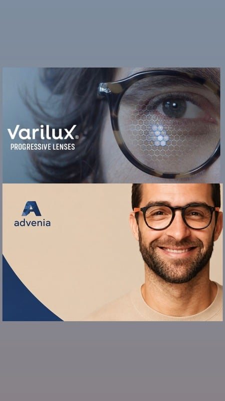 Lentes Varilux progresivos y hombre sonriente con anteojos Advenia